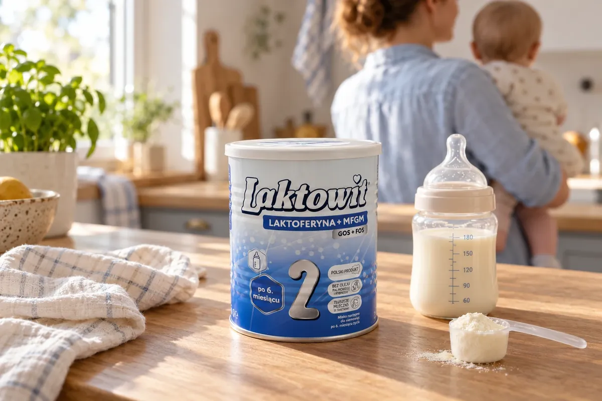 Puszka Laktowit 2 i butelka z mlekiem na blacie w kuchni