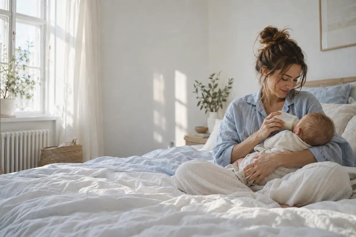 Mama karmi niemowlę butelką, siedząc na łóżku w jasnej sypialni