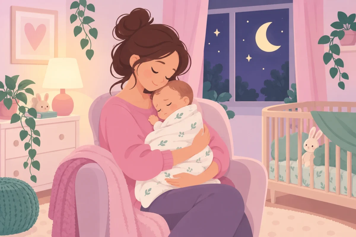 Mama tuli owinięte w kocyk niemowlę w fotelu, w tle łóżeczko i okno z księżycem