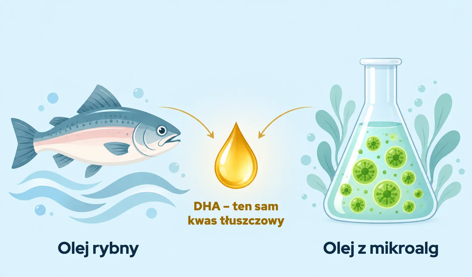 Dwa źródła tego samego kwasu DHA: po lewej ryba, po prawej mikroalgi w kolbie, pośrodku jedna wspólna kropla oleju