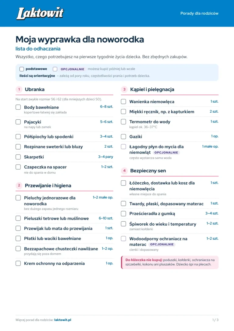 Pierwsza strona checklisty PDF „Moja wyprawka dla noworodka” z listą ubranek, rzeczy do przewijania, kąpieli i snu